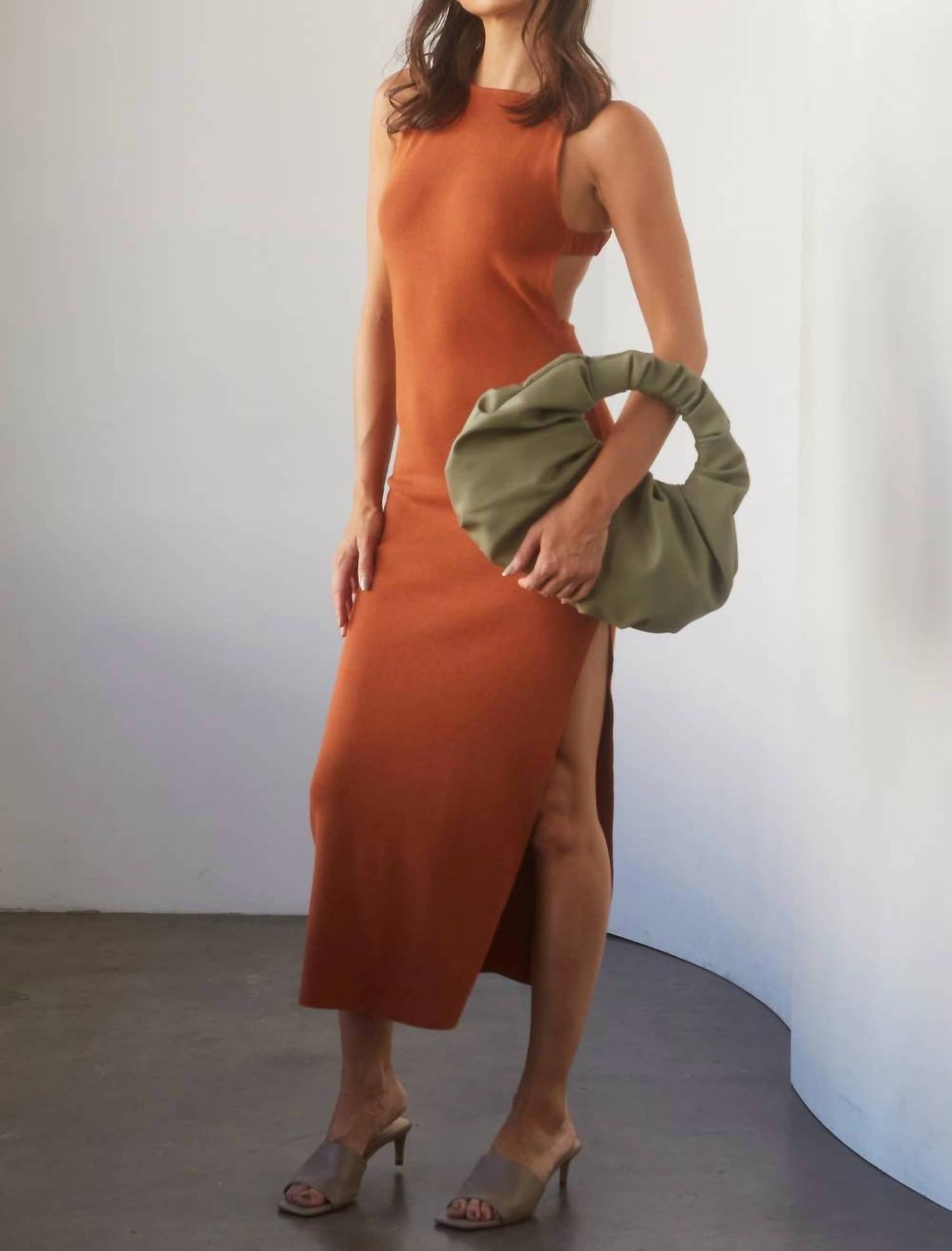 CRESCENT Irina Halterneck Criss-cross Back Midi Knit Dress in rust - women's dress - view 4