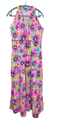 Beachtime - Women's Ruffle Rows Bright Flower Print Sleeveless Dress