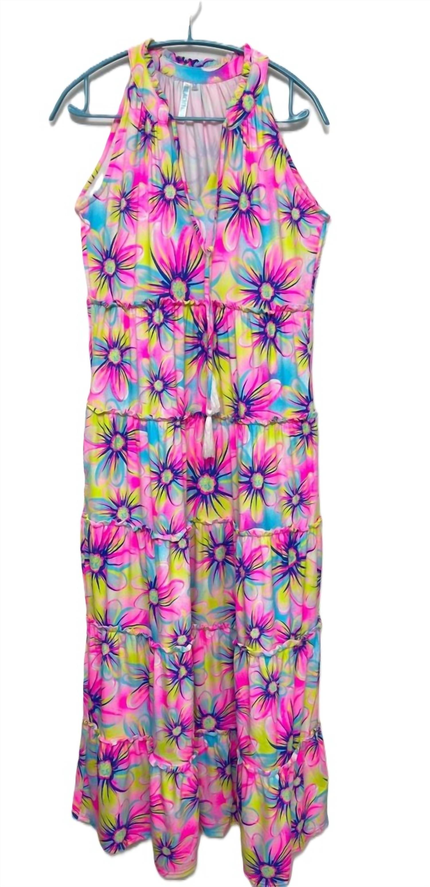 Beachtime - Women's Ruffle Rows Bright Flower Print Sleeveless Dress