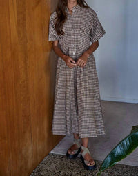 By Together - Gingham Button Down Flare Maxi Dress