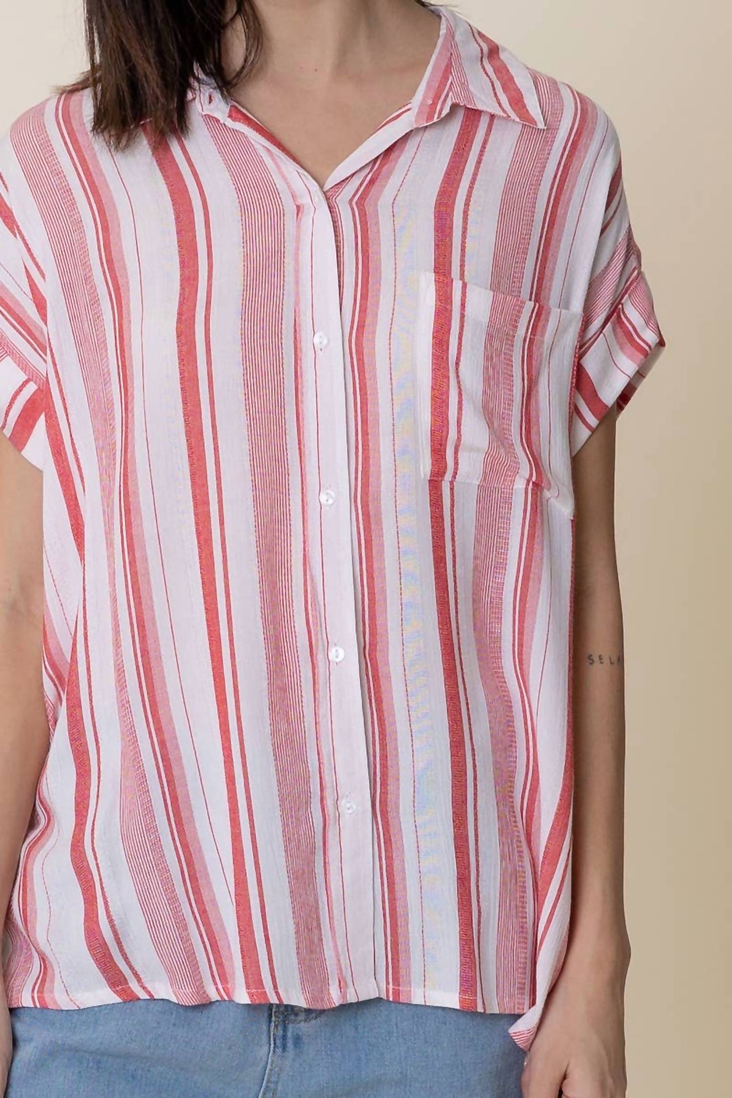 En Creme - Striped Short Sleeve Button Down Top