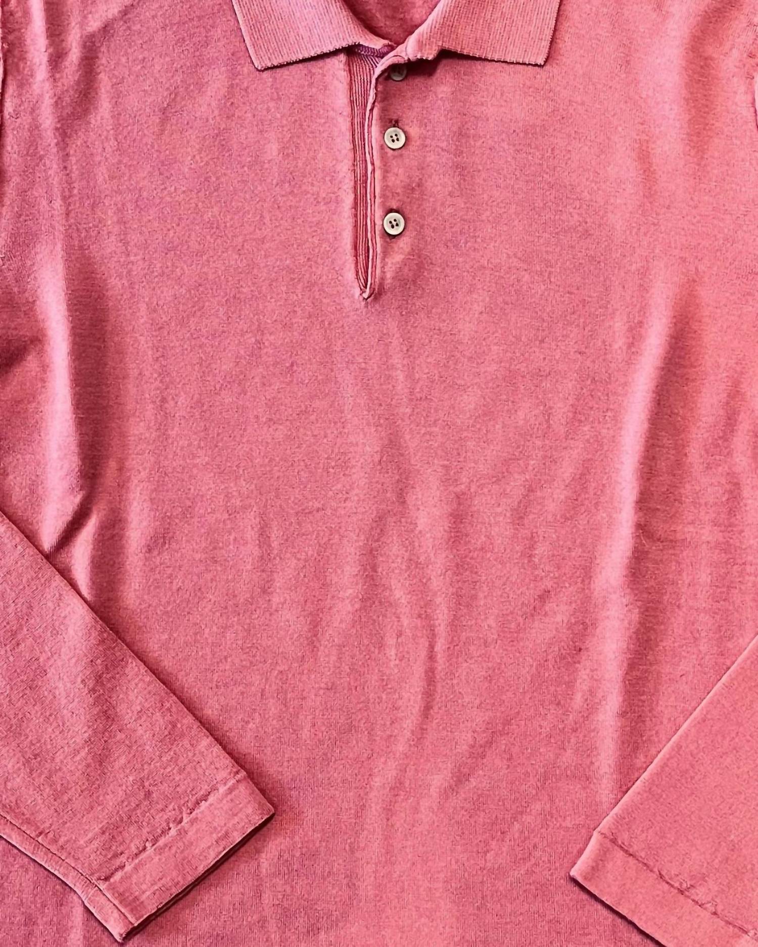Crossley Men's Long Sleeve Wool Knit Polo in pink - men's long sleeve top - detail view