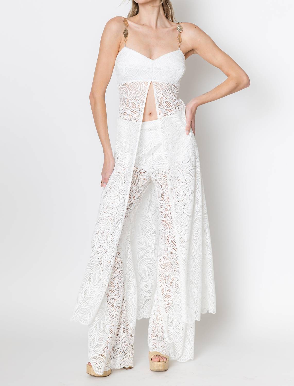 ZETAYE Lyric Lace Long Line Chain Top in white - women's blouse