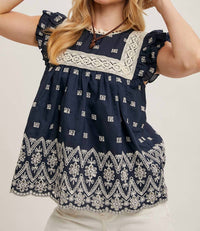 Bluivy - Boho Floral Embroidered Baby Doll Blouse