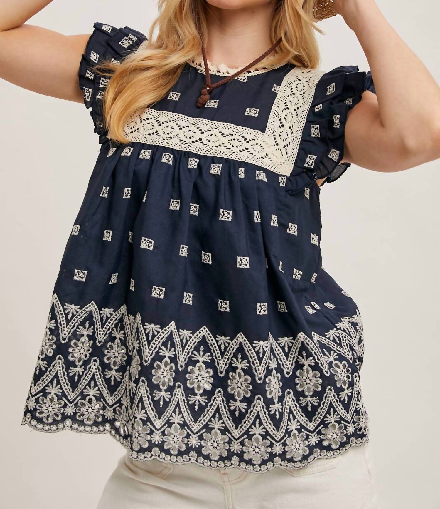 Bluivy - Boho Floral Embroidered Baby Doll Blouse