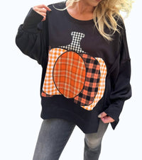 BiBi Pumpkin Patch Plaid Terry Sweatshirt in black - women's top