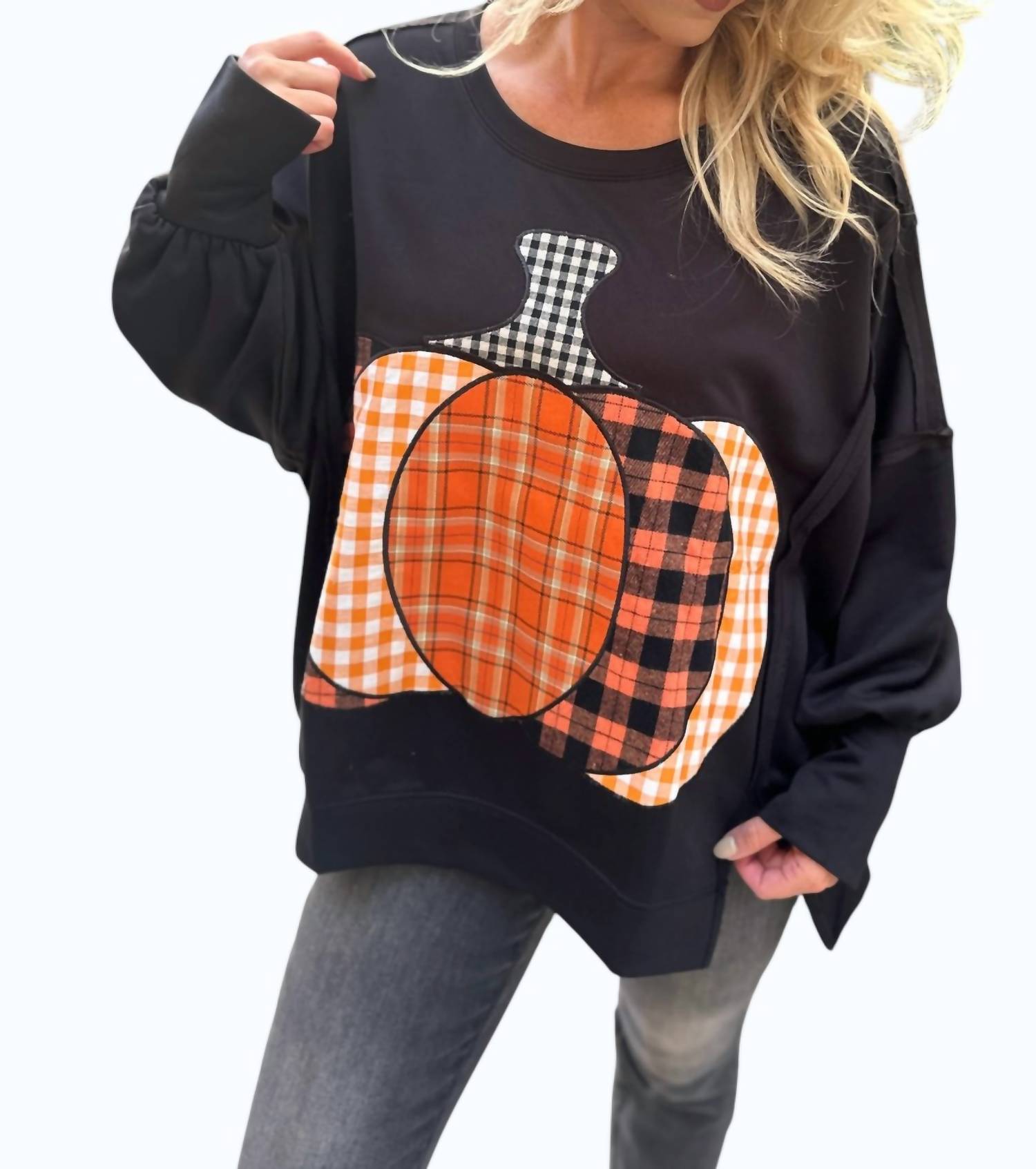 BiBi Pumpkin Patch Plaid Terry Sweatshirt in black - women's top