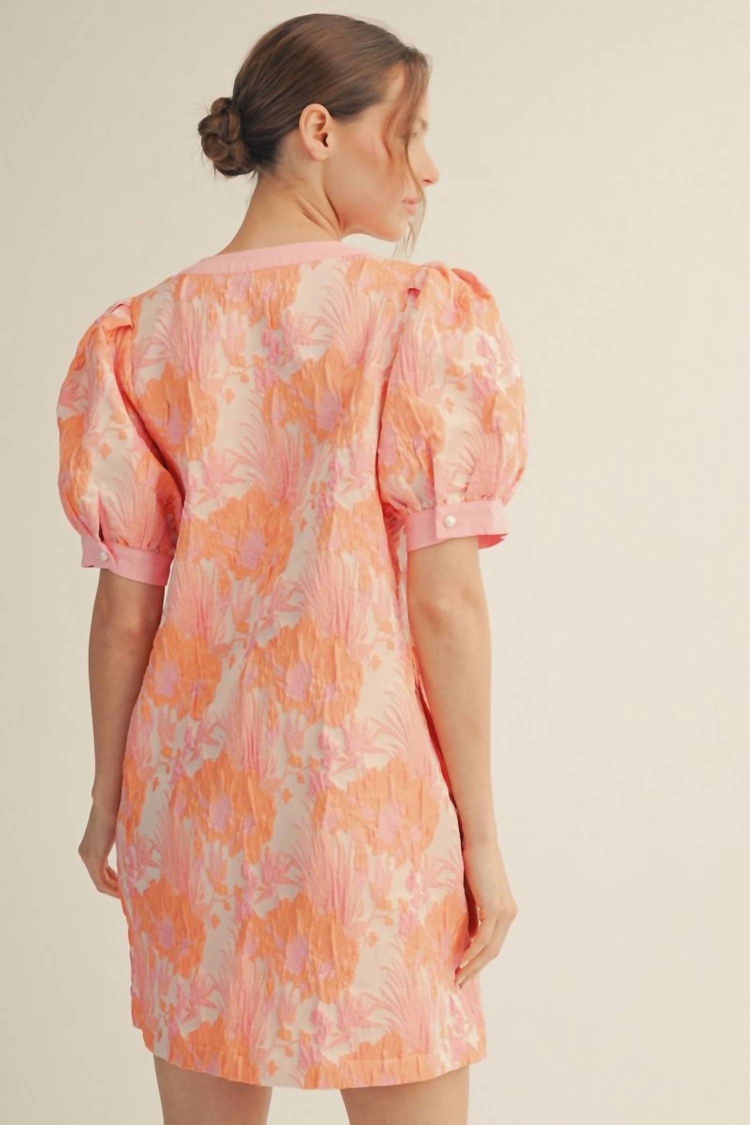 Jodifl - Short Puff Sleeves Floral Jacquard Dress