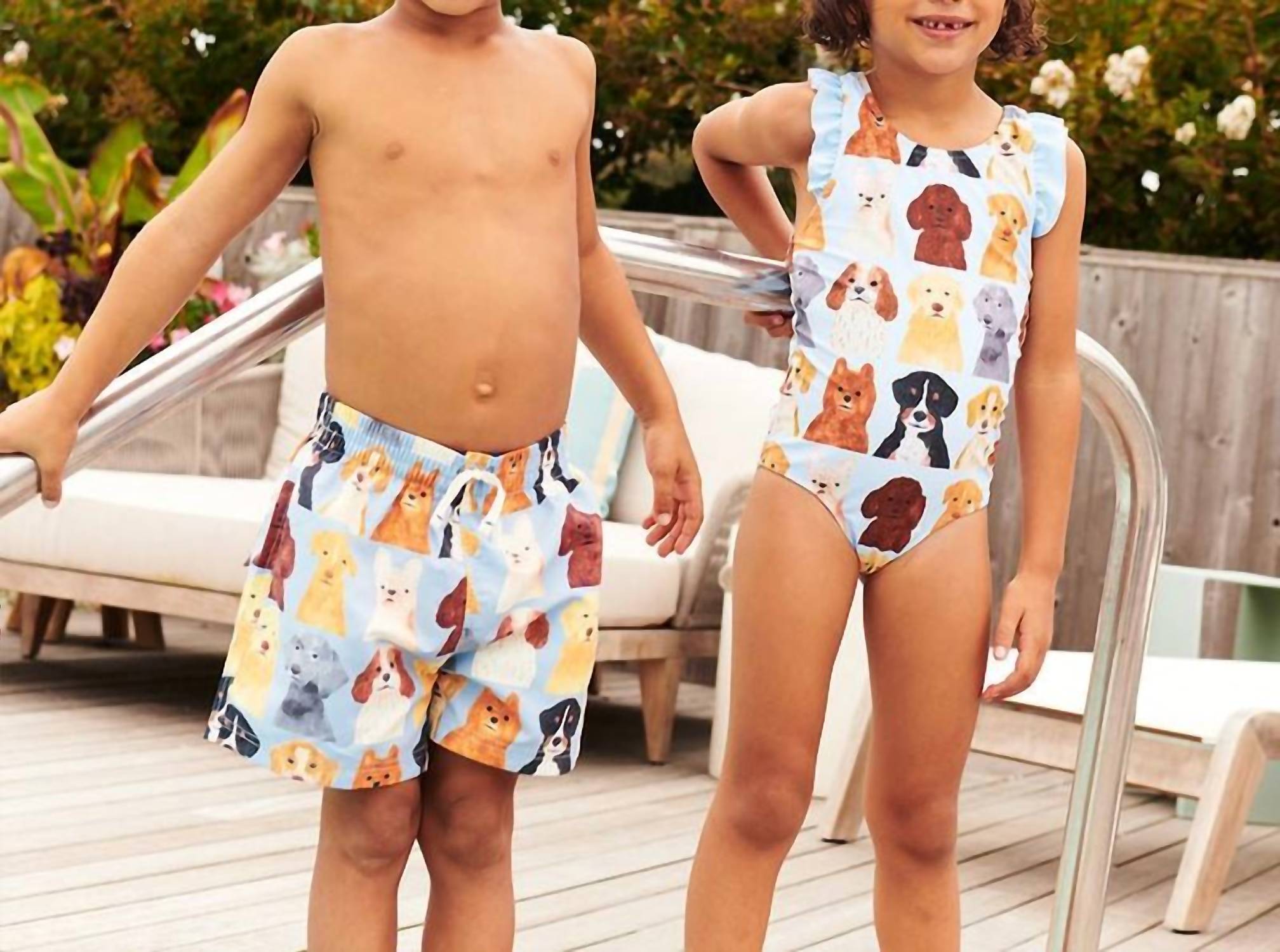 Pink Chicken - Boys Watercolor Dogs Swim Trunks