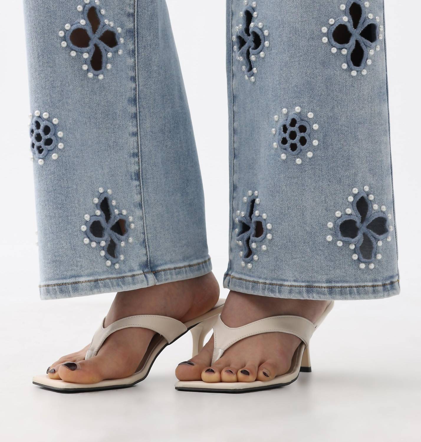 Bayeas - Eyelet And Pearl Embellished High Rise Straight Jeans