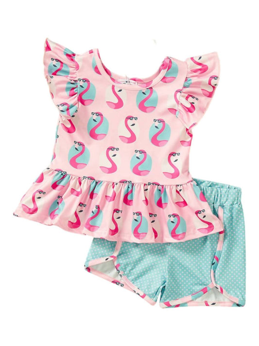 Pete + Lucy - Girl's Cool Flamingo 2 Piece Short Set