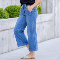 LOVERVET High Rise Button Wide Jean in medium blue wash - women's jeans - detail view