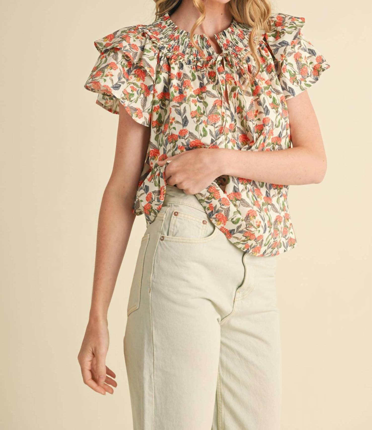 &merci Floral Flutter Sleeve Blouse in ivory - women's blouse - detail view