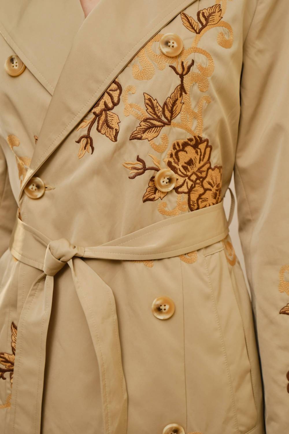 Blue B - Women's Floral Embroidered Double Breasted Belted Trench Coat