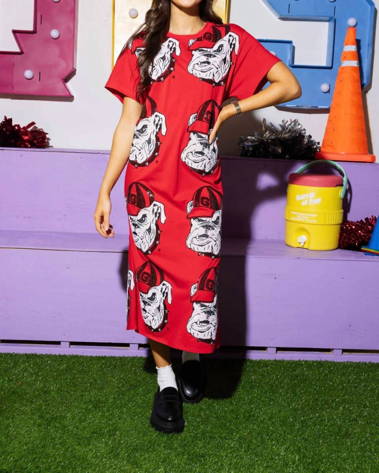 QUEEN OF SPARKLES Sequin Bulldog Head Midi Tee Dress in red - women's dress - detail view