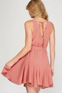 Sleeveless Cowl Neck Flounce Woven Dress With Sash