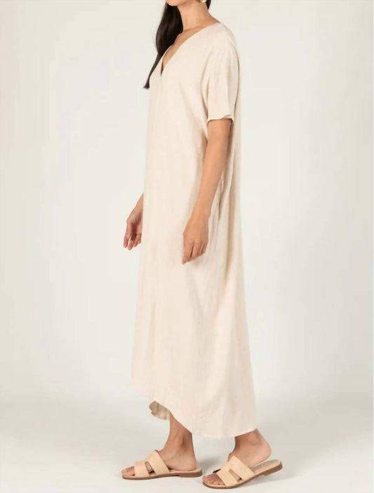 P.Cill - Linen V-neck Short Sleeve Front Slit Midi Dress