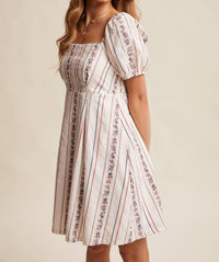Listicle - Floral Stripe Square Neck Puff Sleeve Dress