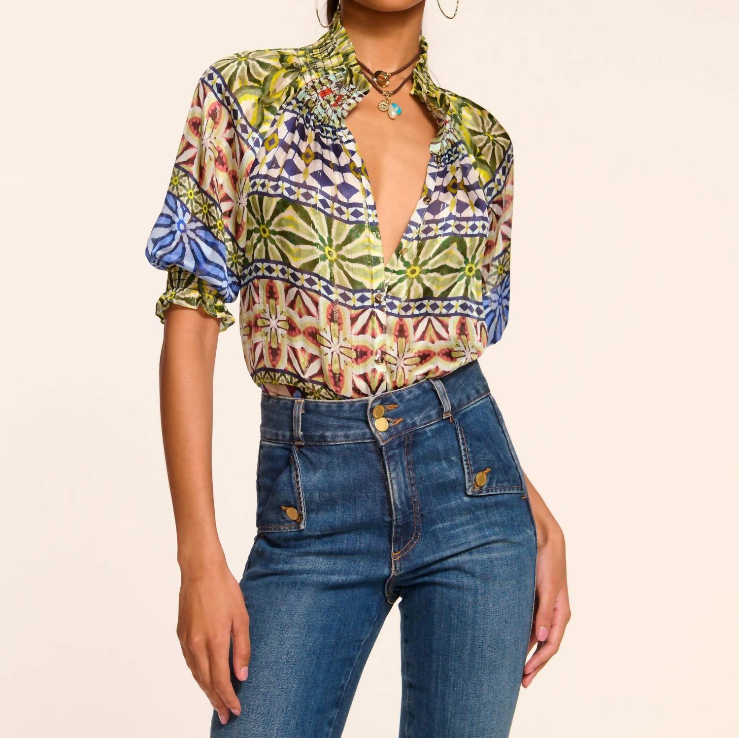 Ramy Brook - Chela Silk V-neck Puff Sleeve Blouse