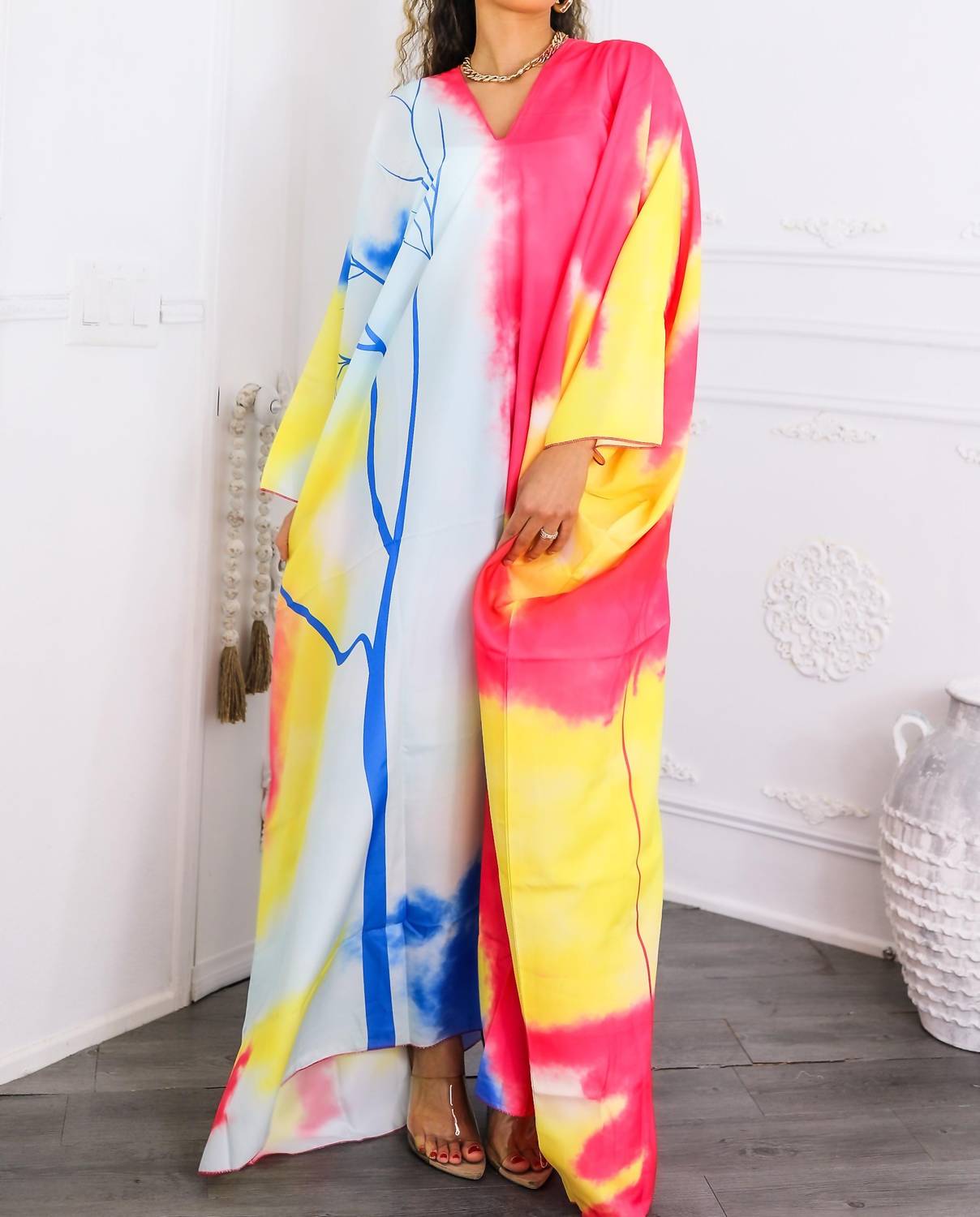 Surelymine - Colorburst Abstract Kimono Maxi Dress Flowy V-neck Style