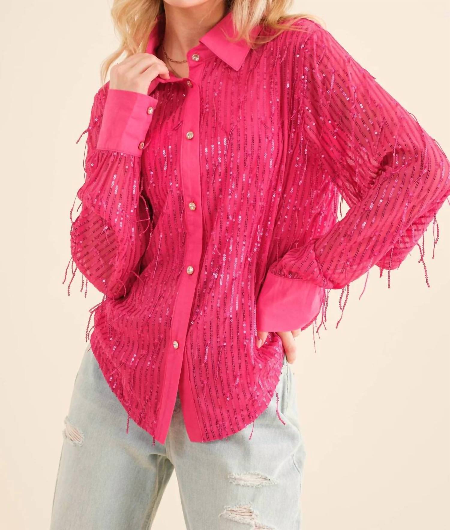 Blue B - Sequin Stripe Fringe Button Up Shirt Blouse