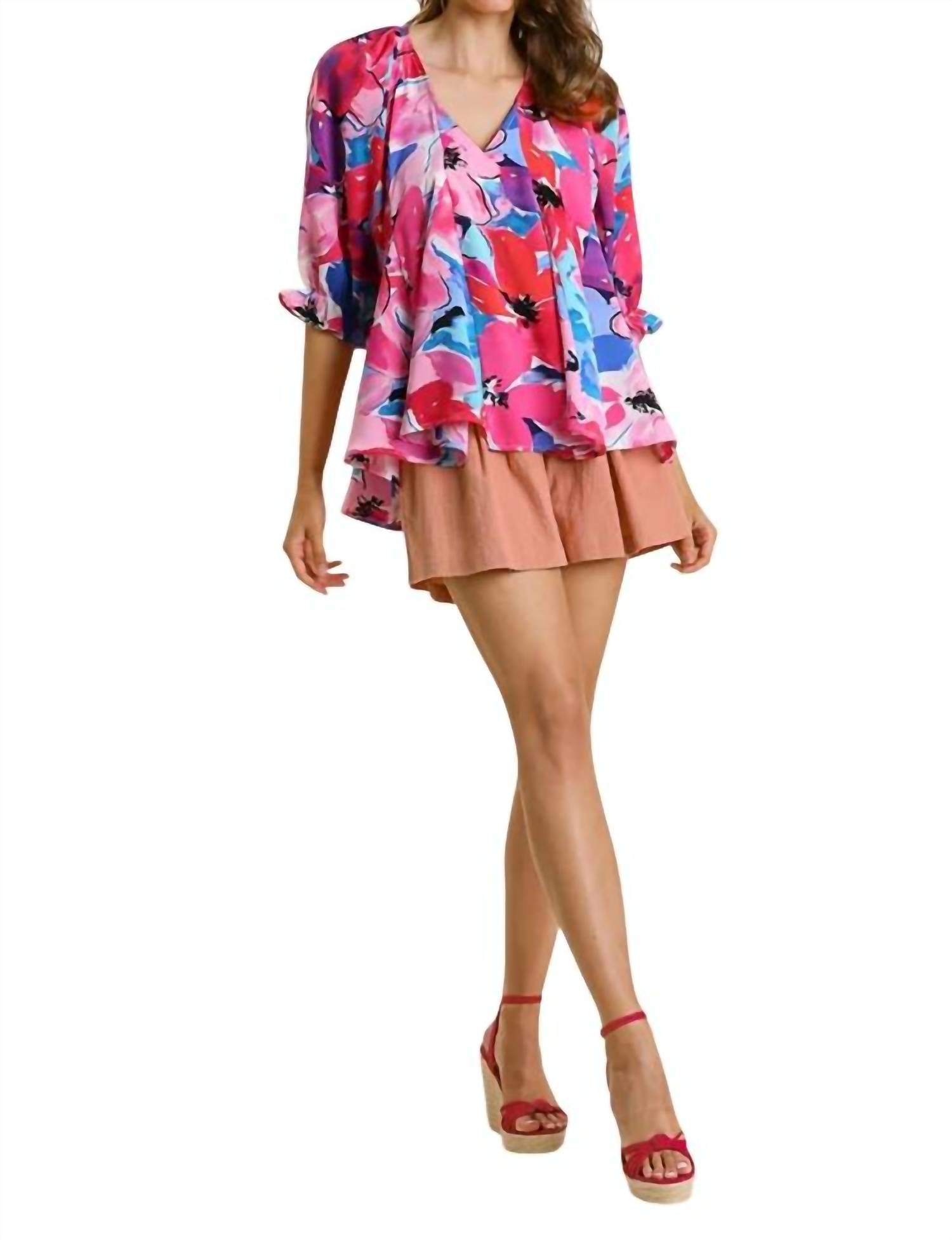 Umgee - Floral Print 3/4 Sleeve Top