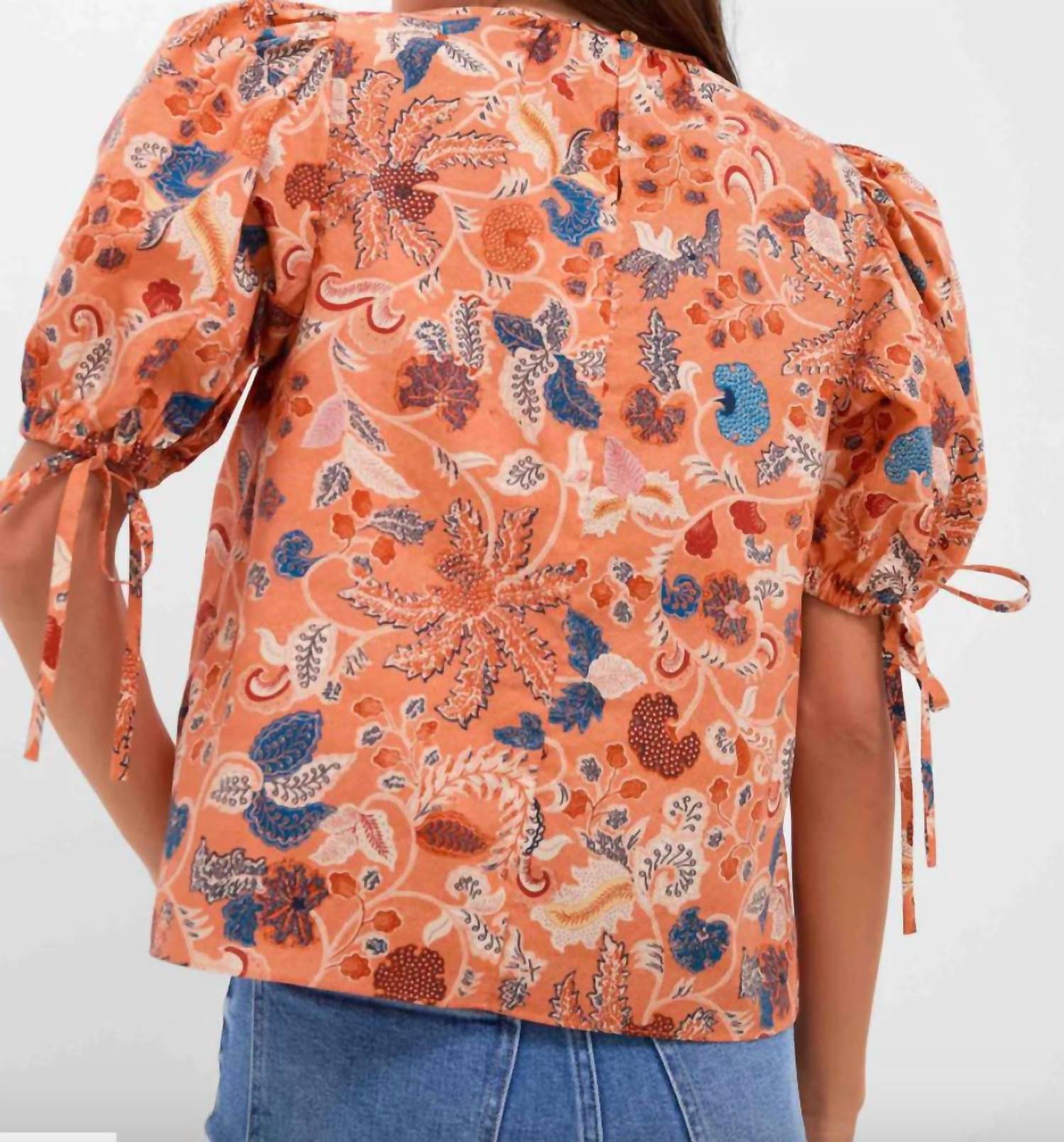Ulla Johnson Coralie Short Sleeve Blouse in coral peony - women's blouse - detail view