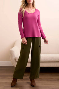 TRIBAL Scoop Neck Top with Side Slits in roseberry - women's long sleeve top