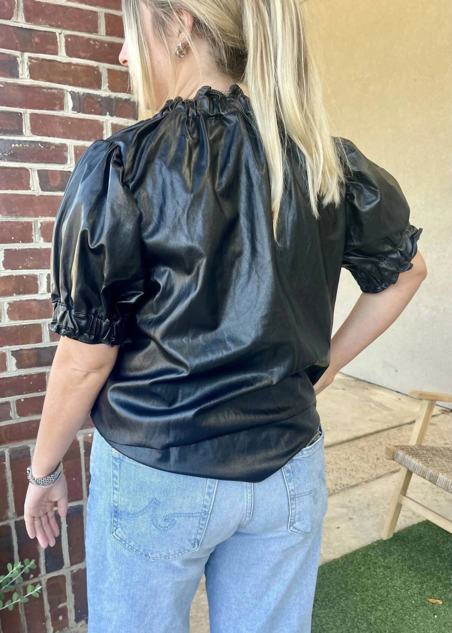 Never A Wallflower - Elastic Collar Faux Leather Top