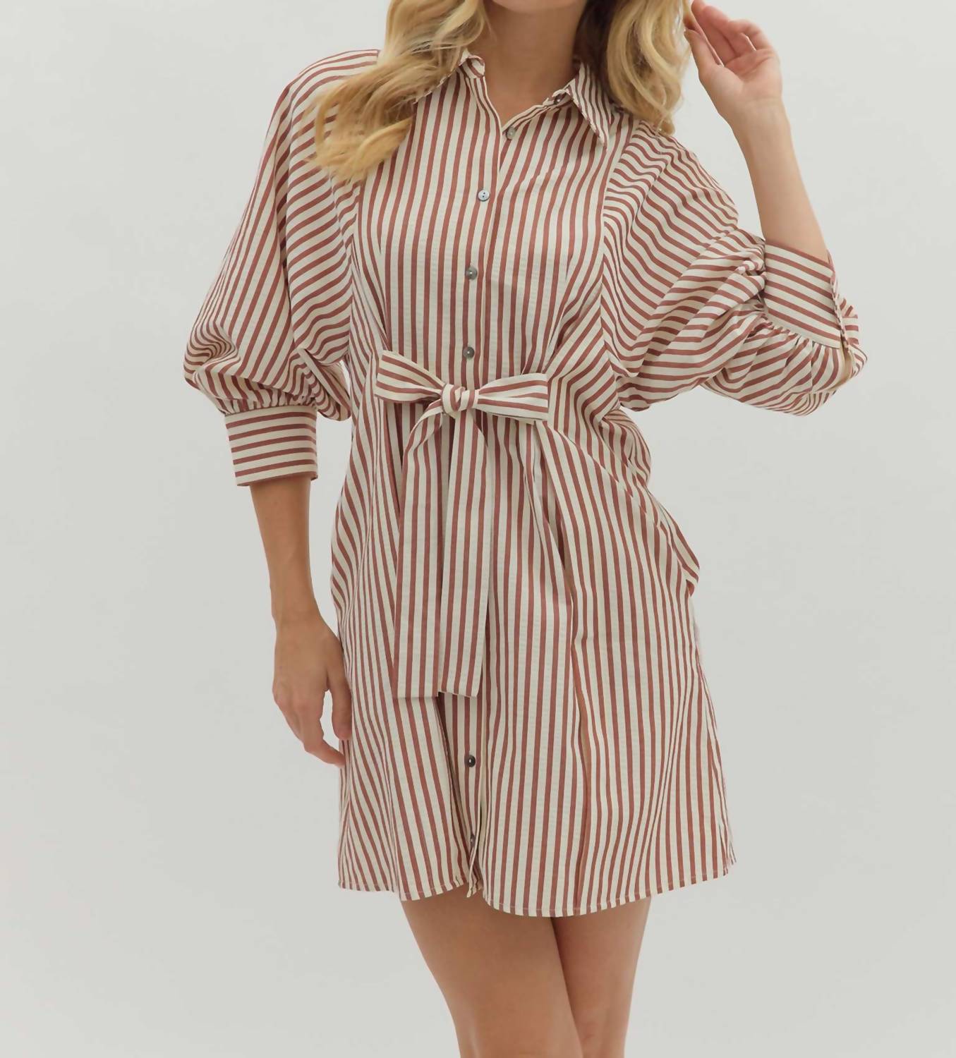 entro Striped Bow Tie Mini Shirt Dress in brick - women's dress - detail view