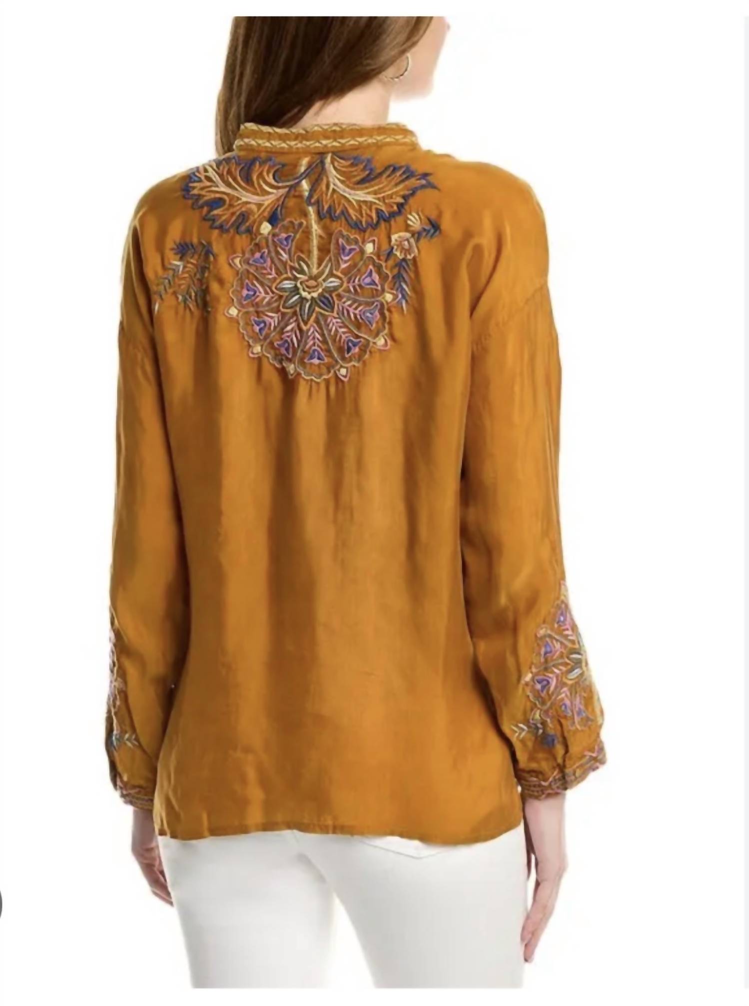 Johnny Was Serenity Button Down in rust - women's blouse - detail view