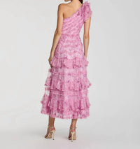 MAC DUGGAL Printed One Shoulder Ruffled A-line Midi Dress in pastel multi - women's dress - detail view