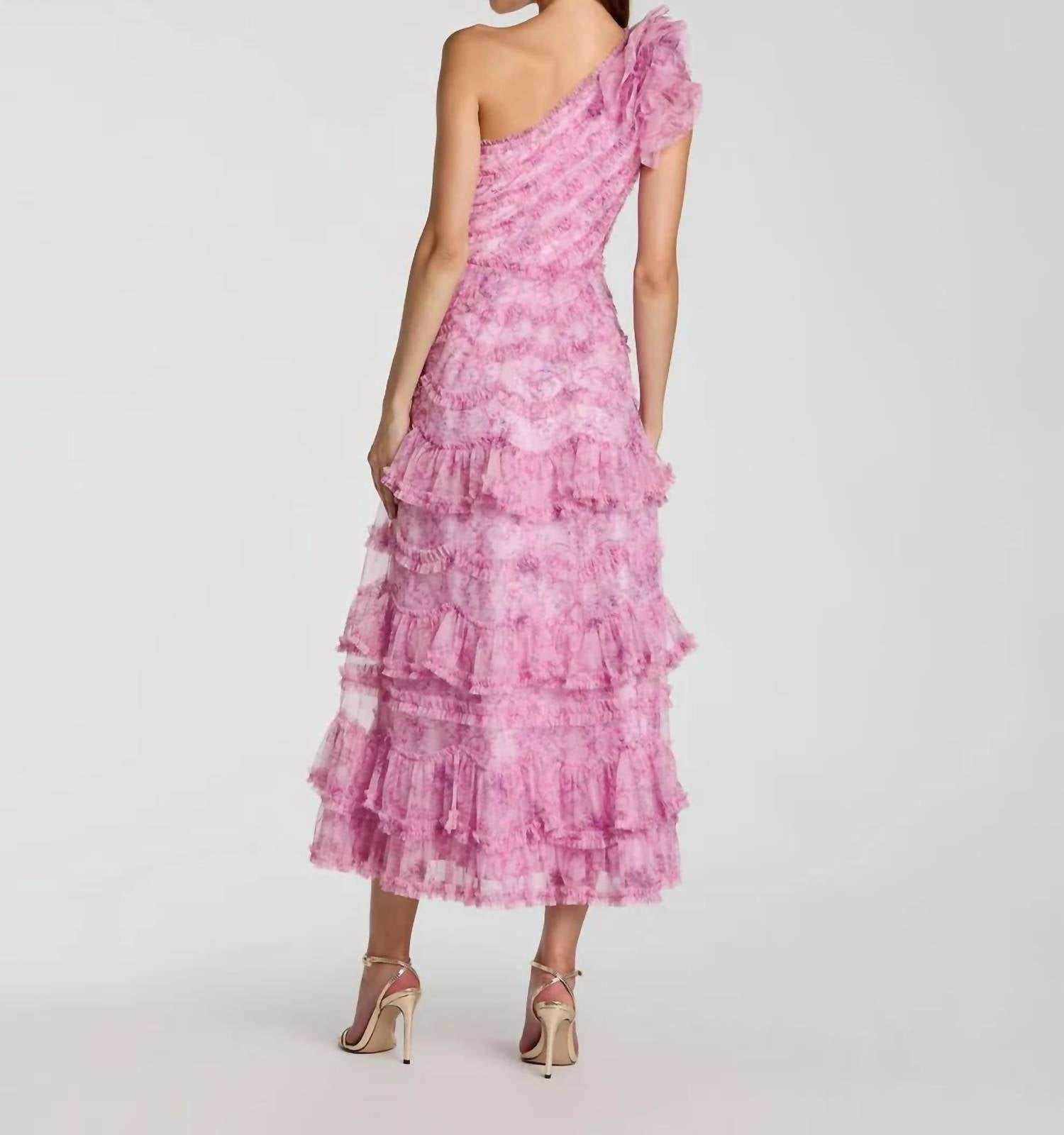 MAC DUGGAL Printed One Shoulder Ruffled A-line Midi Dress in pastel multi - women's dress - detail view