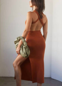 CRESCENT Irina Halterneck Criss-cross Back Midi Knit Dress in rust - women's dress - alternate view