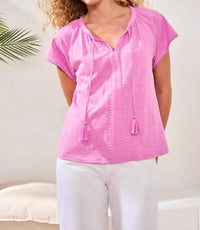 Tribal - Cotton Slub Split Neck Tassel Top