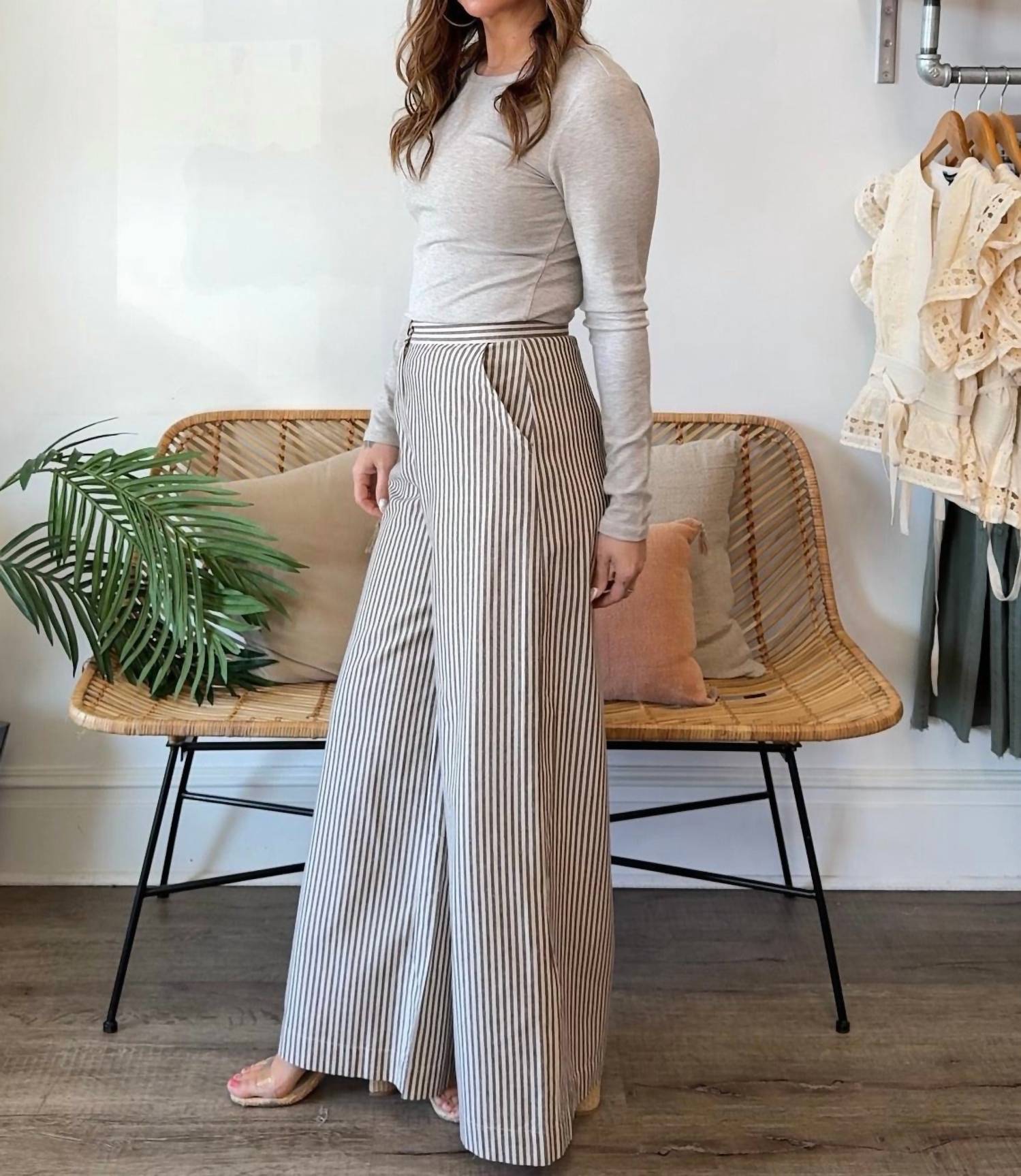 MIOU MUSE Nayeli Striped Wide Leg Pants in brown - women's pants - detail view
