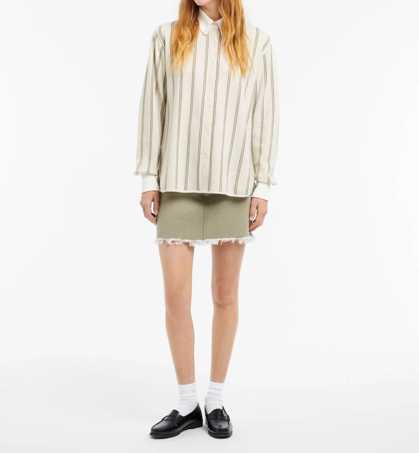 Barrie Long Sleeves Oxford Wide Stripe Shirt in white green - women's shirt - detail view