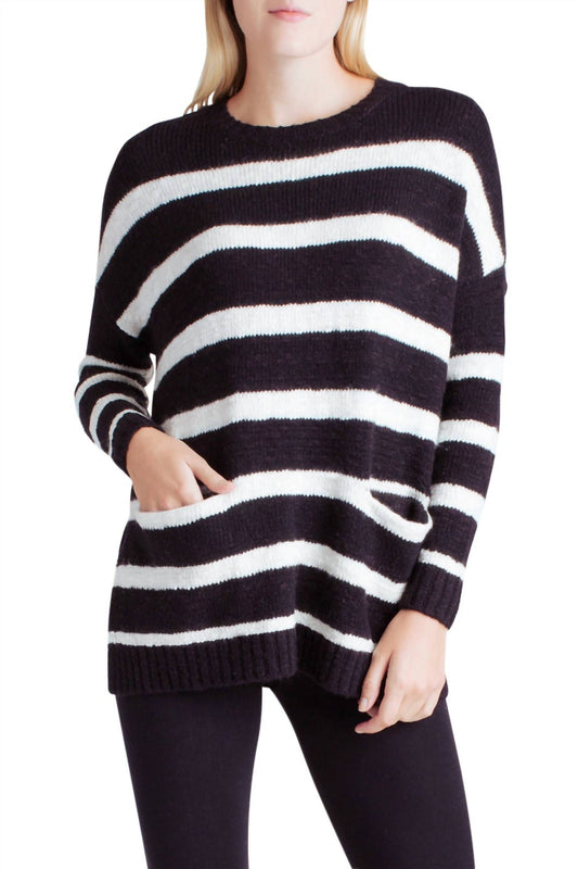 Kensie - Striped Variegated Cotton Blend Long Sleeve Sweater With Pockets