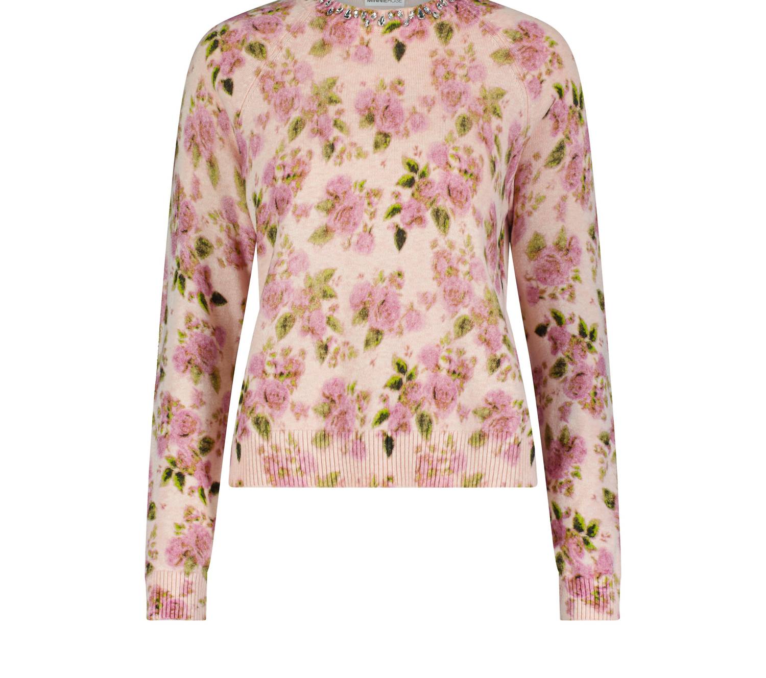 Minnie Rose - Cotton Cashmere Printed Crew With Jewels Sweater