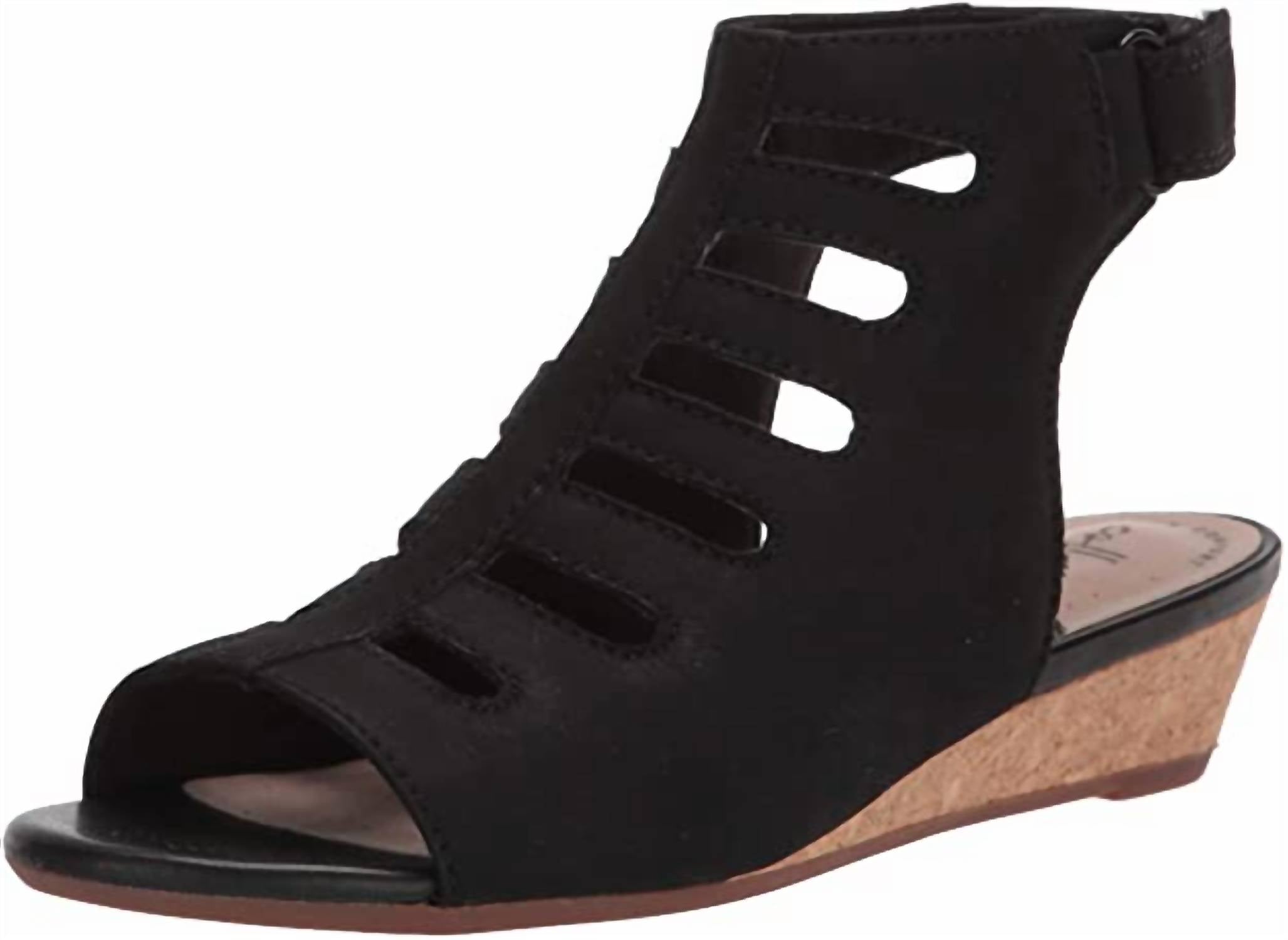 Clarks Women's Abigail Sling Wedge Sandal in black nubuck - women's sandal