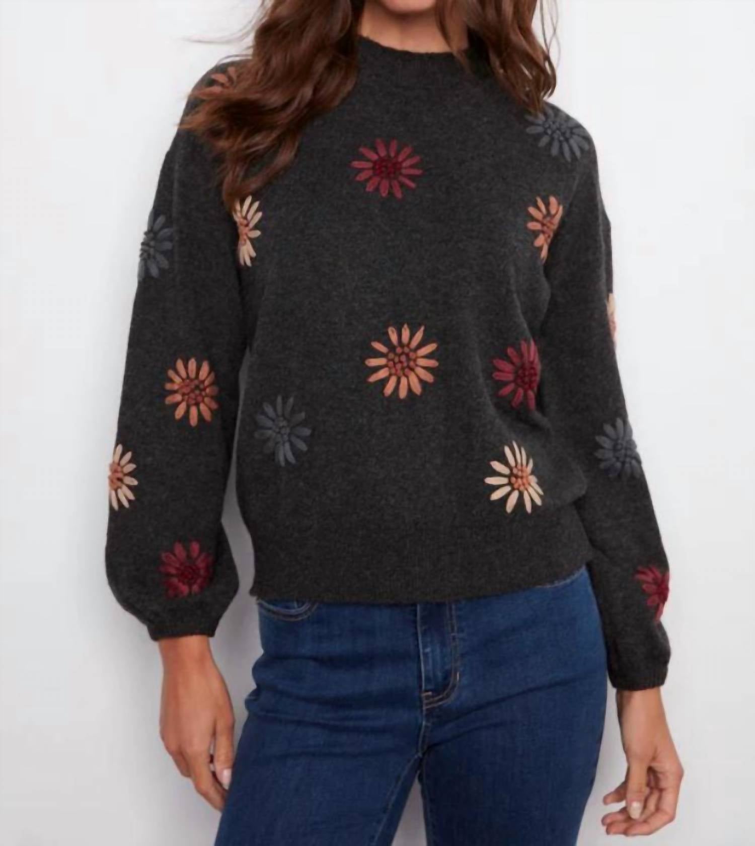 Charlie B - Floral Embroidery Mock Neck Sweater