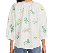 John Mark - Woven Embroidered Split V-neck 3/4 Blouson Sleeve Top
