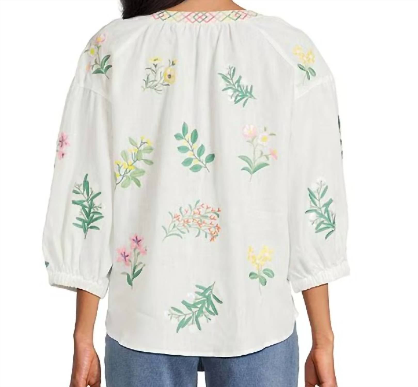 John Mark - Woven Embroidered Split V-neck 3/4 Blouson Sleeve Top