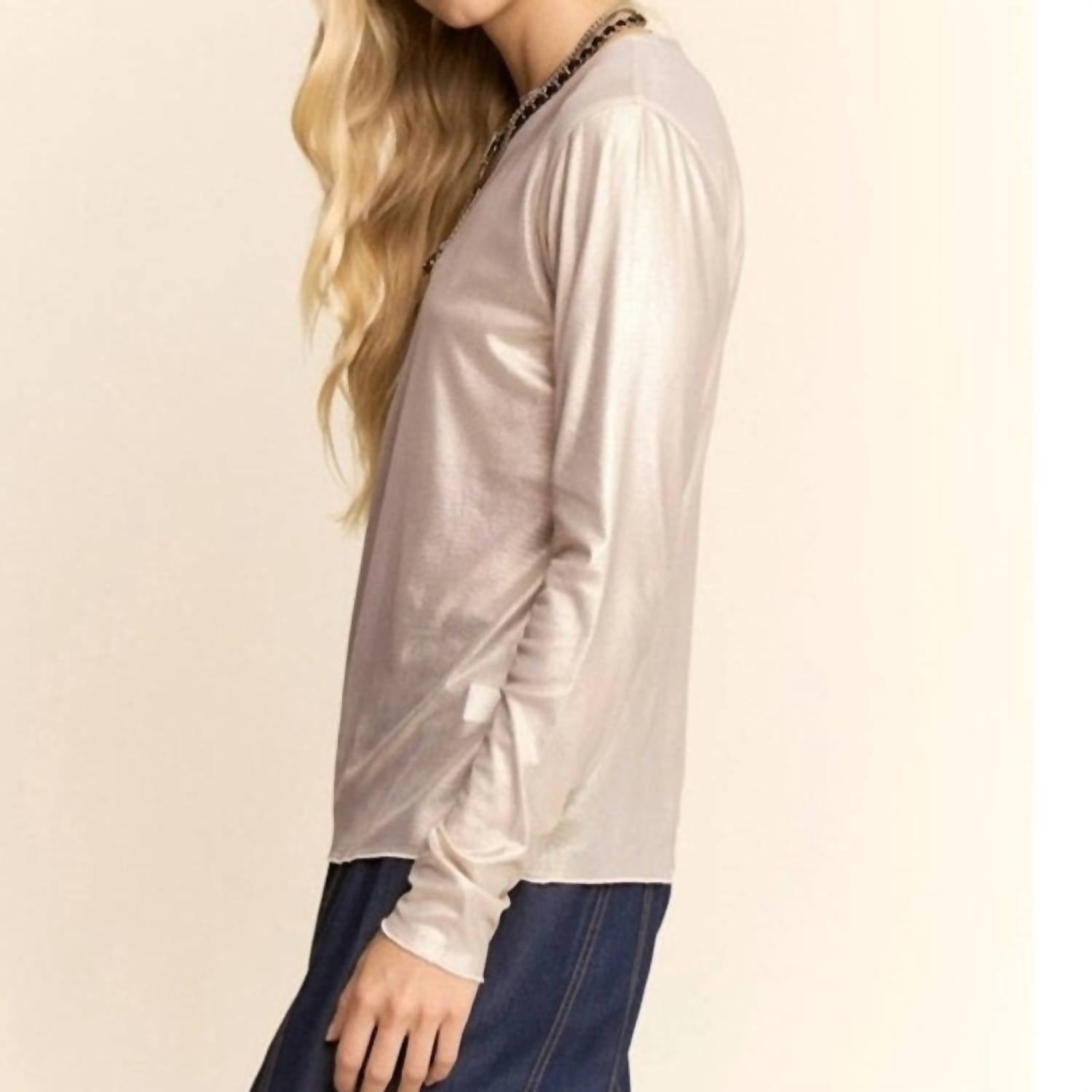 DAVI & DANI Metallic Mesh Long Sleeve Layering Top in cream shimmer - women's long sleeve top - detail view