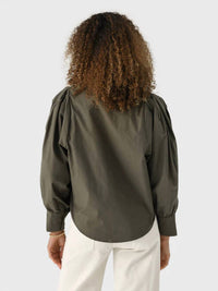 A SHIRT THING Charlotte Poplin Top in olive - women's blouse - detail view