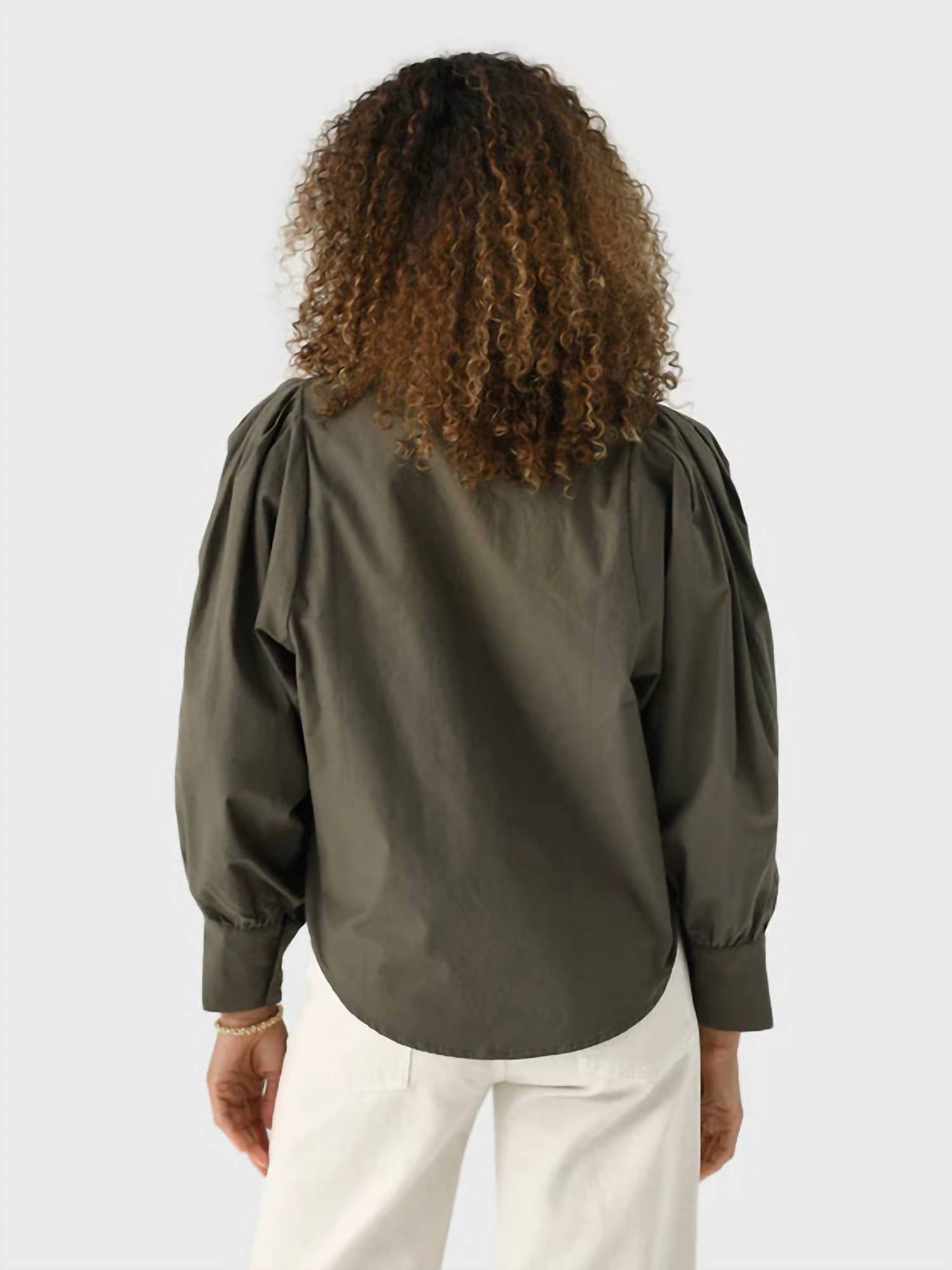 A SHIRT THING Charlotte Poplin Top in olive - women's blouse - detail view