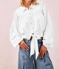 BiBi Tie Hem Detail Crop Blouse in off white - women's blouse