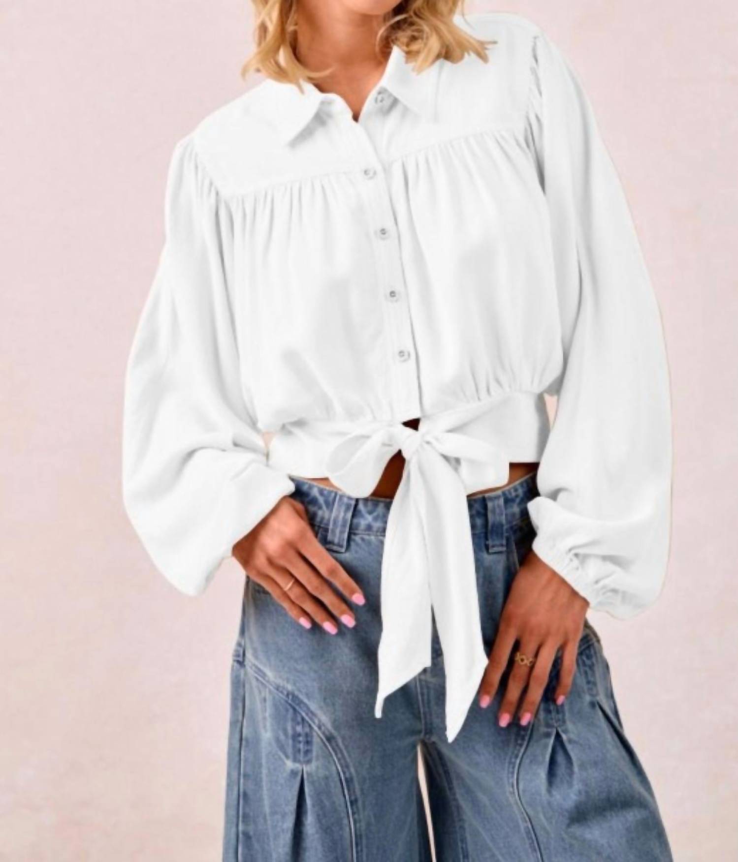 BiBi Tie Hem Detail Crop Blouse in off white - women's blouse