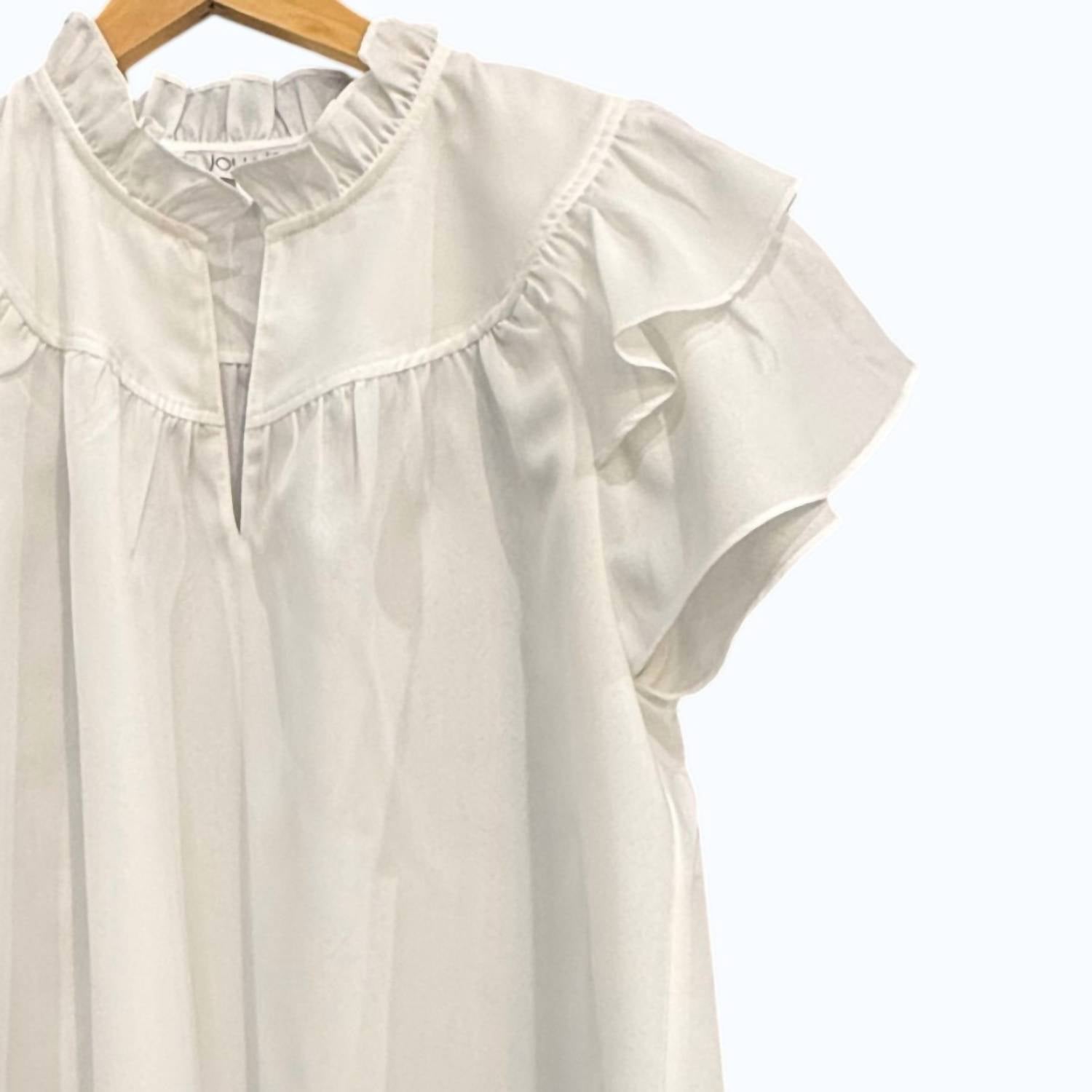 Joy Joy Women's Ruffles Top in white multi - women's blouse - detail view
