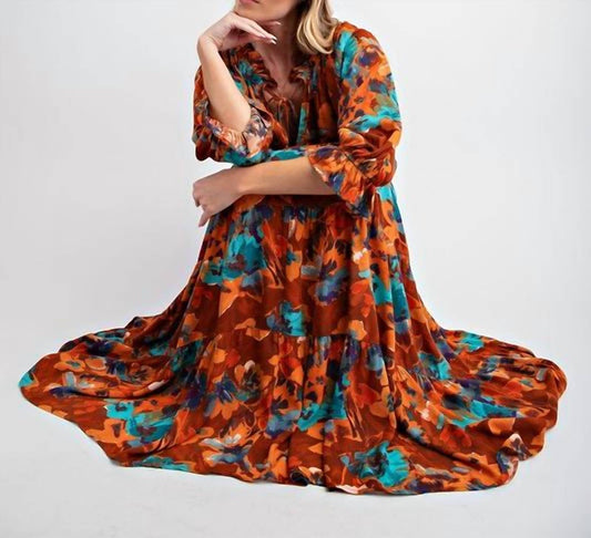 Easel - Fall Floral Print Ruffle Maxi Dress